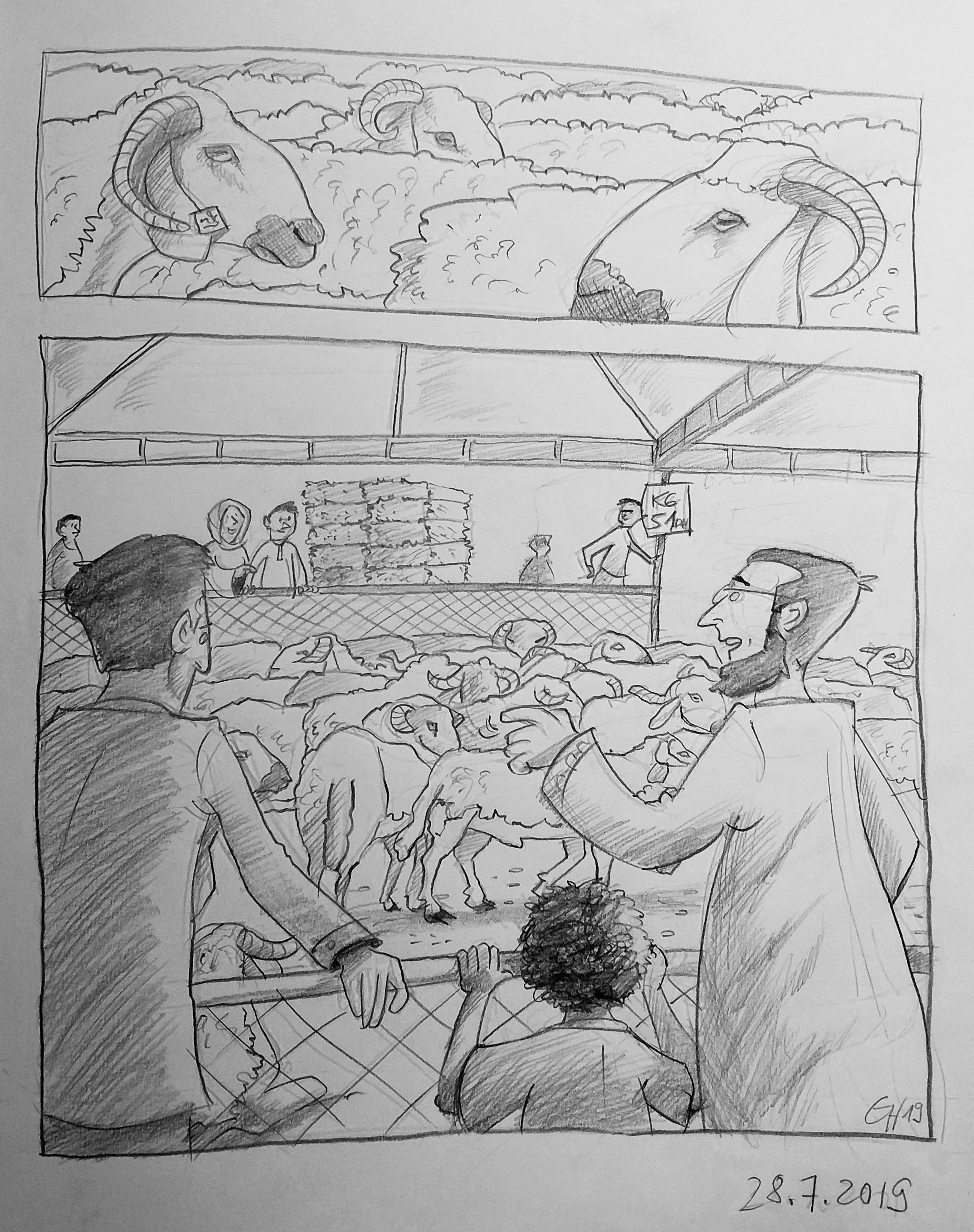 Maenner die auf Hammel starren